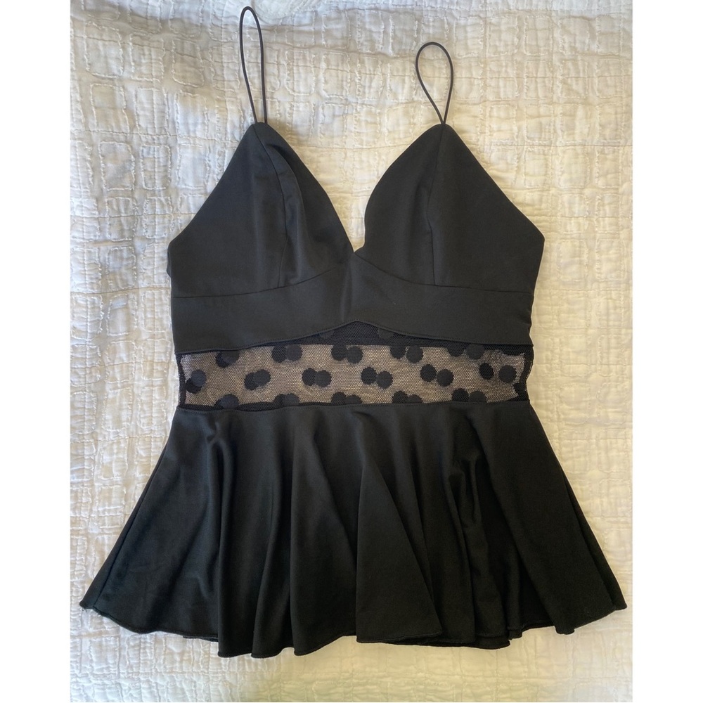 Black Peplum Top with Sheer Polka Dot Detail